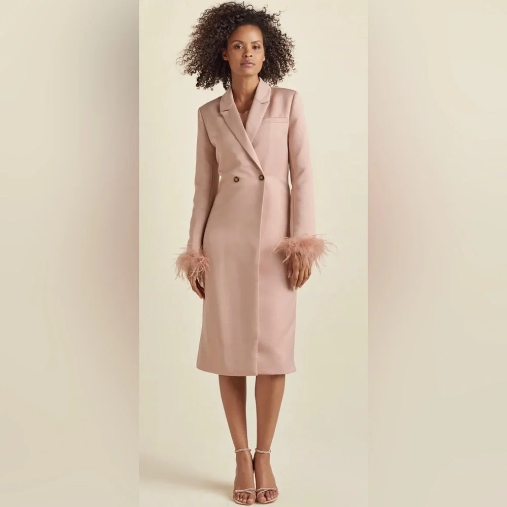 Feather Cuff Tuxedo Coat Elegant Pink Peach Feather-Trimmed Coat